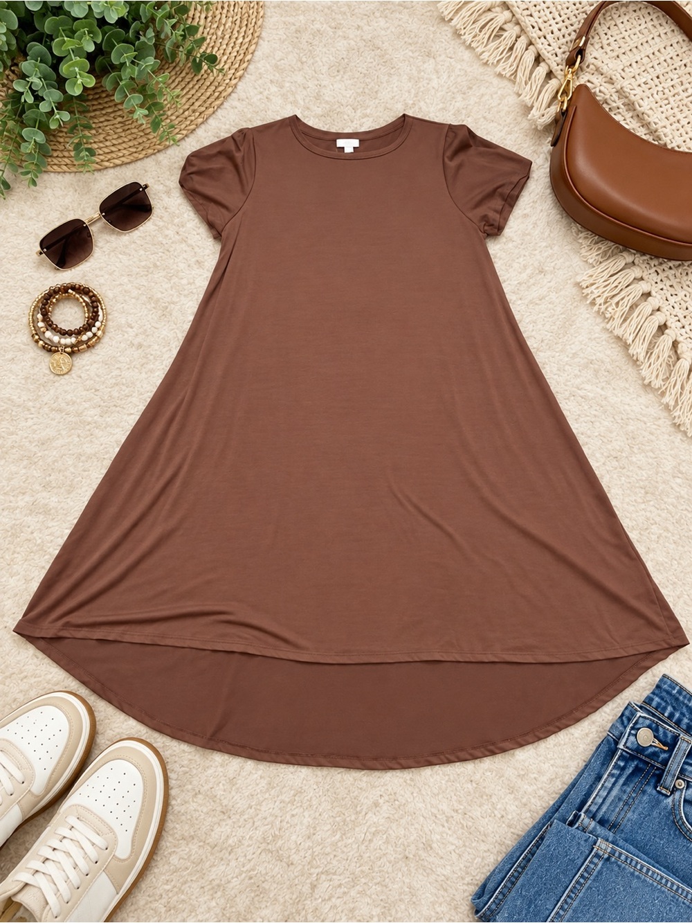 LuLaRoe Carly Brown Swing Dress XL Short Sleeve High Low A-Line